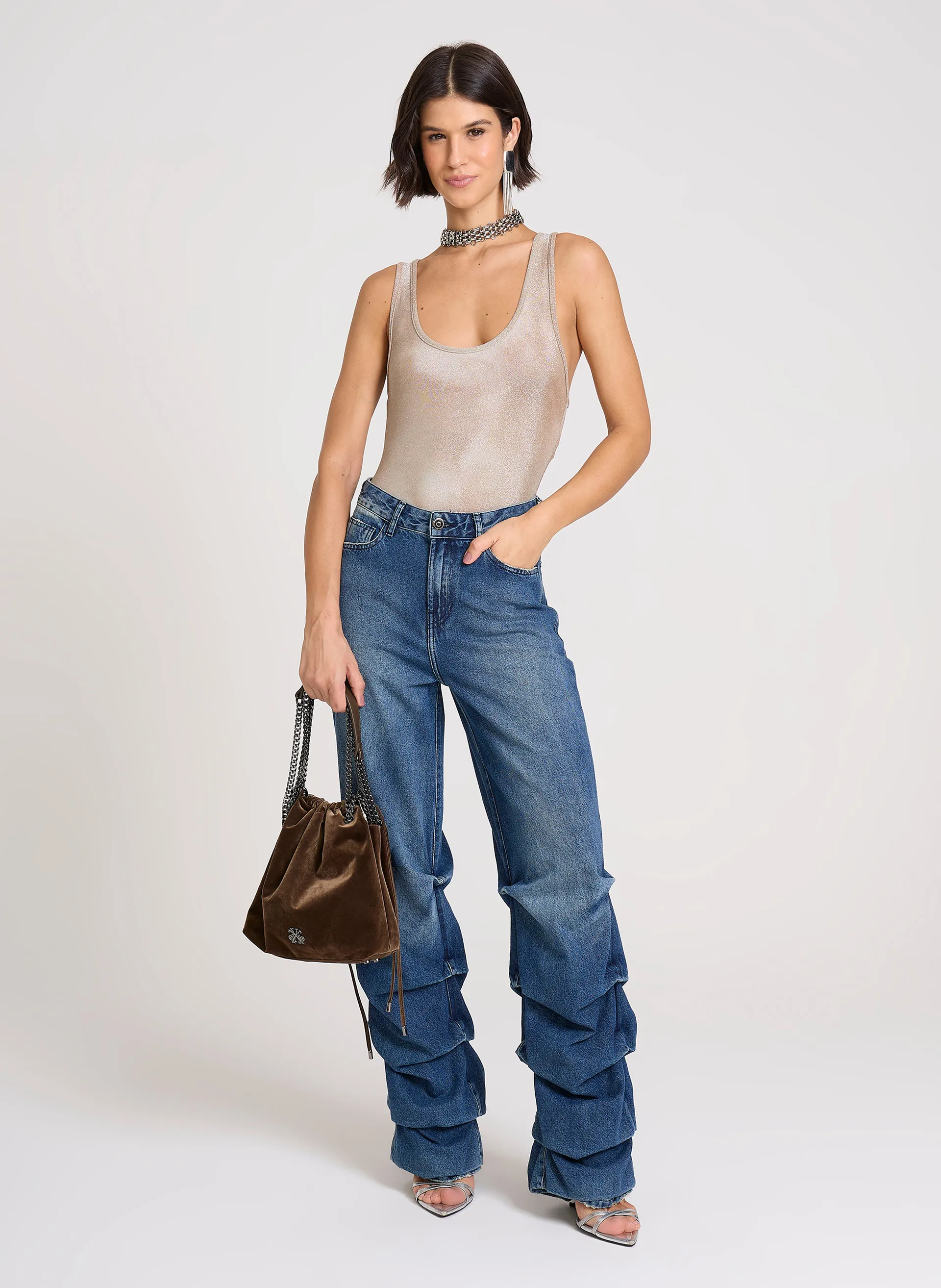 Calça Jeans Stacked com Franzido nas Pernas
