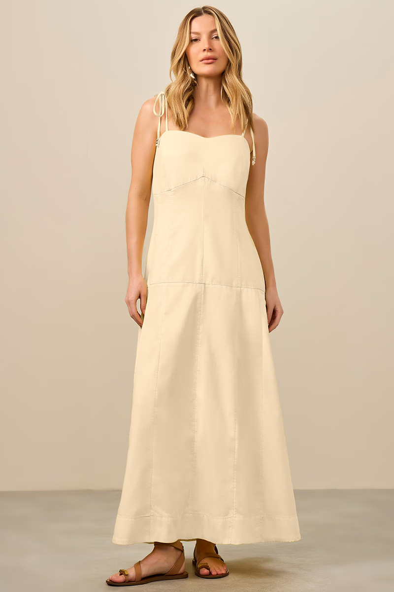 Vestido Midi em Sarja Bege com Alças de Amarração